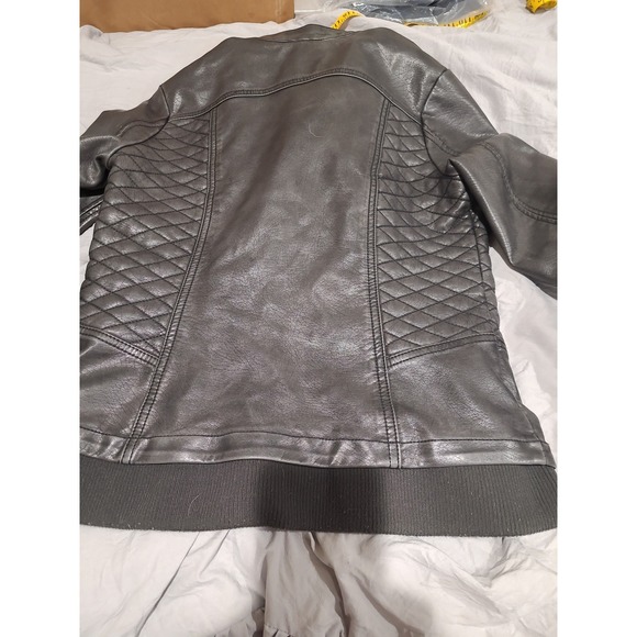 Mo-Ka Women SZ S dk Grey faux Leather Moto jacket Biker quilted hooded goth punk - Picture 12 of 12